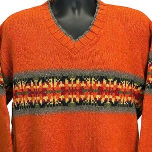 Vintage 90s Eddie Bauer Wool Blend Sweater Mens Large Orange V Neck Made In USA